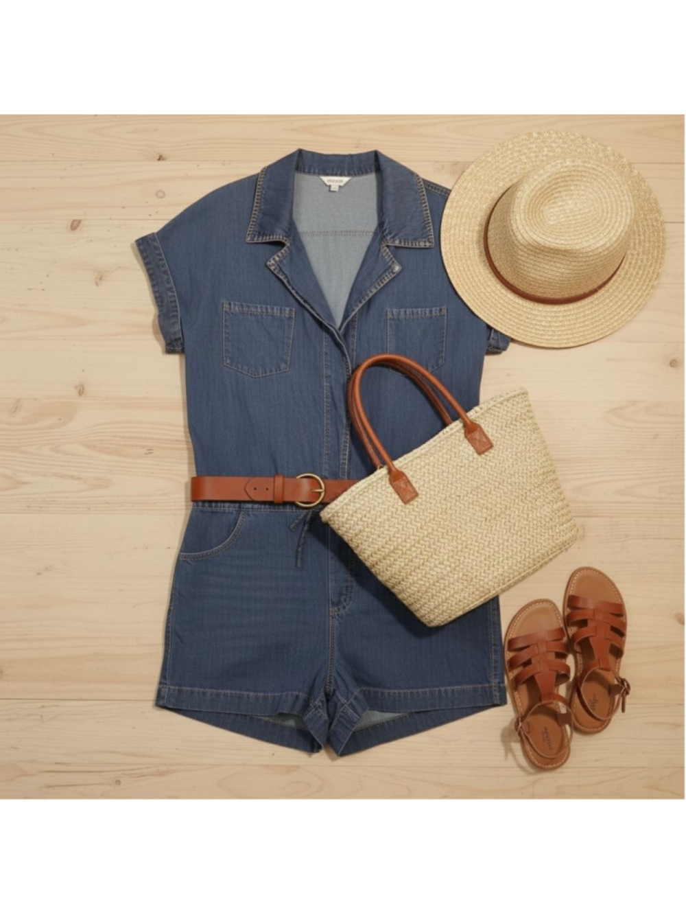 Belinda Blue Denim Jean Snap Button Up Short Sleeve Shorts Romper L